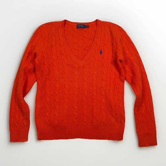 Polo Ralph Lauren Sweater Womens Size M Orange Cable Knit V Neck Wool Cashmere - Picture 1 of 7